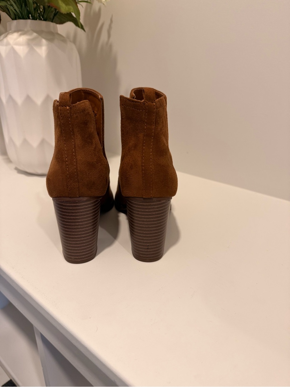 Soda Chestnut Brown Suede Ankle Booties with Block Heel - Picture 4 of 5